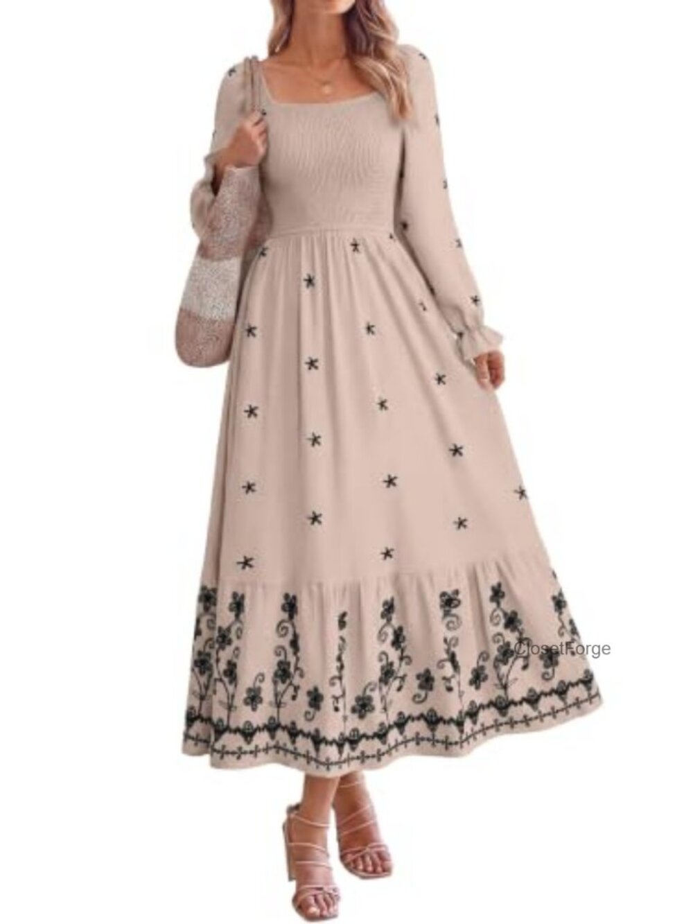 Boho Maxi Dress Square Neck Floral Embroidery Smocked Long Sleeve